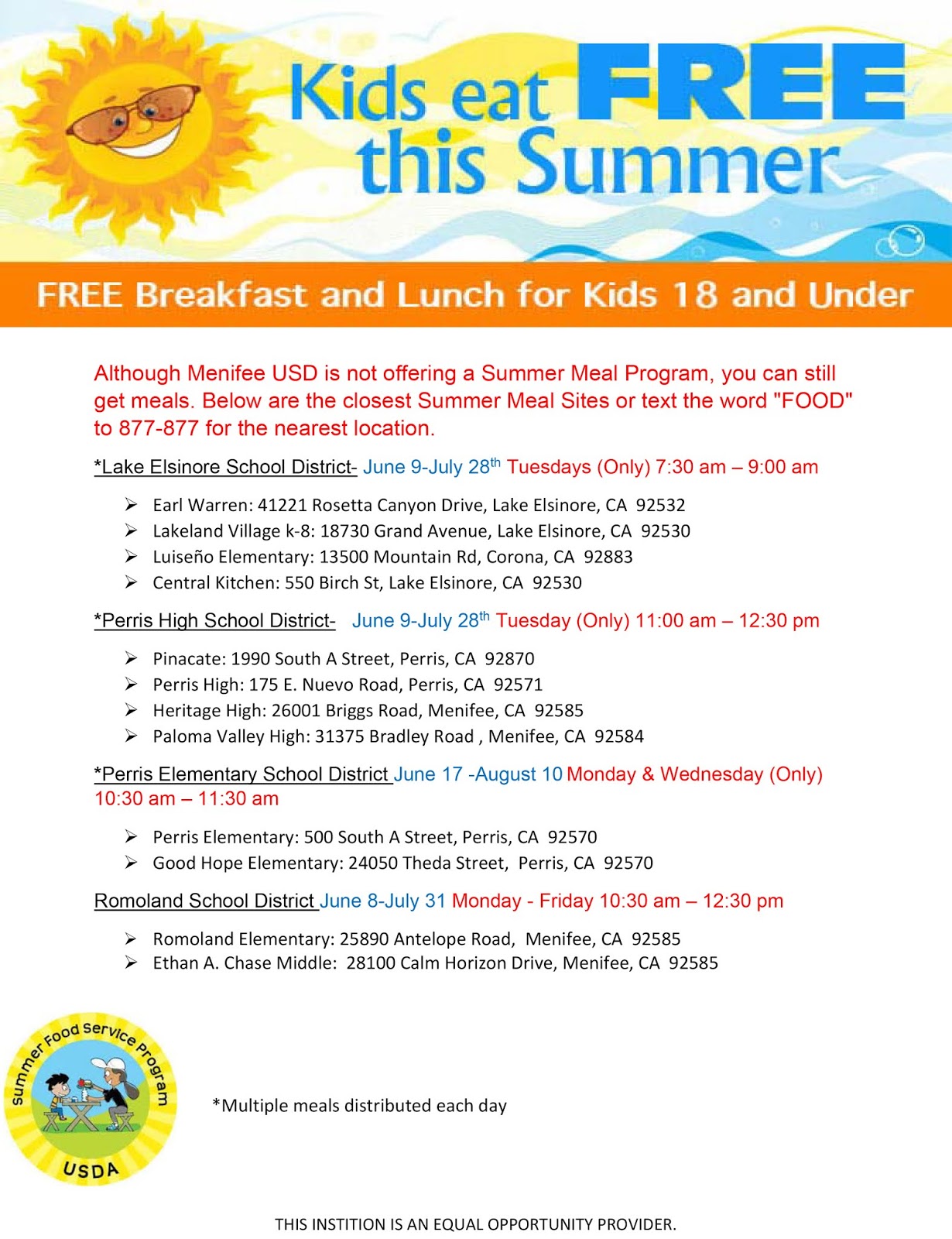 Combined List Of Free Meals Offered At Local Schools Menifee 24 7