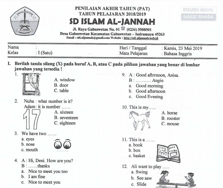 Soal Bahasa Inggris Kelas 1 Pat 2021 - Berkas Soalku