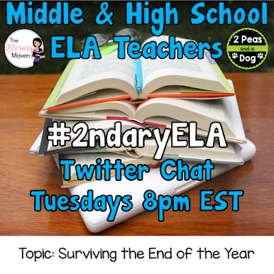 Join secondary English Language Arts teachers Tuesday evenings at 8 pm EST on Twitter. This week's chat will be about tips for surviving the end of the school year.