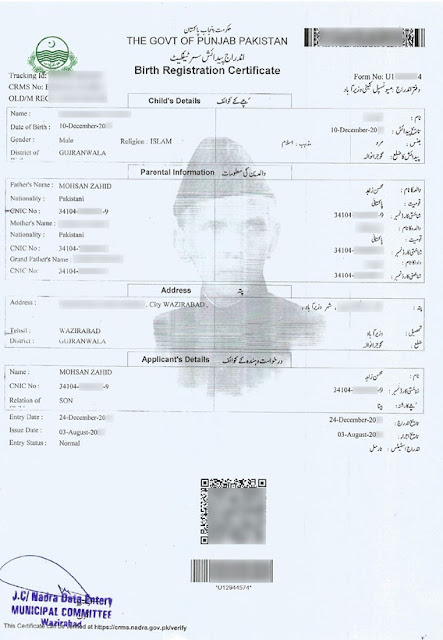 Nadra Birth Certificate Pakistan Online Sample