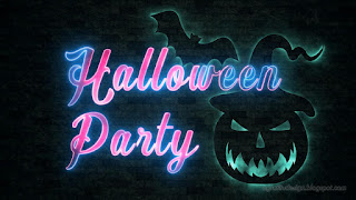 Glow Halloween Party Words Neon Lettering Style With Pumpkin Bat And Dark Brick Wall Background