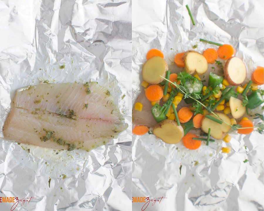 Steps on how to layer the fish for wrapping. Fish on top of the foil, then with the ingredients.