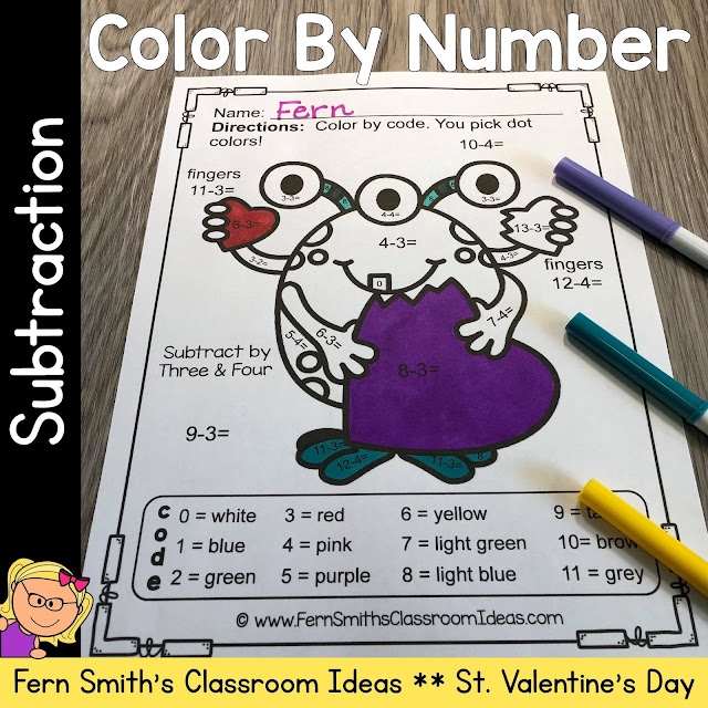 Click Here to Download This St. Valentine's Day Color By Number Love Monsters Subtraction Resource to Use with Your Students Today!