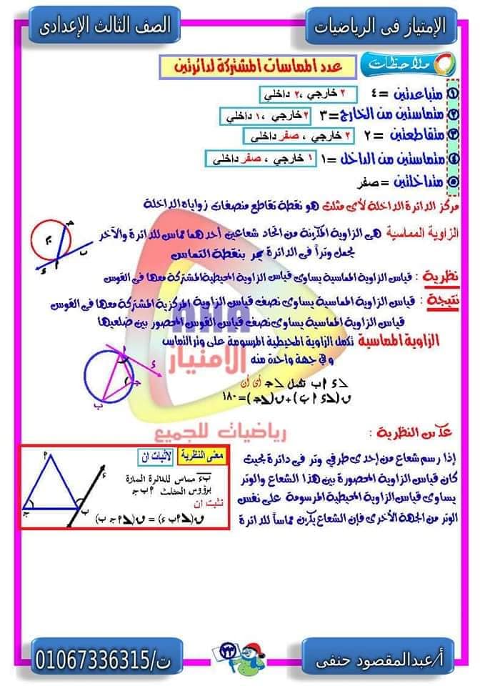 ملخص قوانين الجبر + تجميع نظري الهندسة للصف الثالث الاعدادي ترم ثاني أ/ عبد المقصود حنفي 7