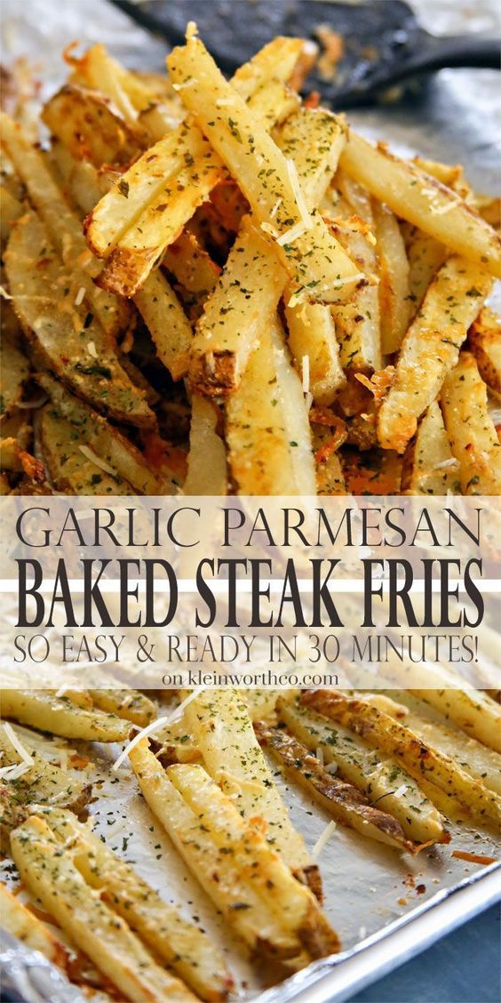 Garlic Parmesan Baked Steak Fries – so easy, ready in about 30 minutes. The perfect side dish to all your burgers, hot dogs & backyard BBQ fun. Delicious!