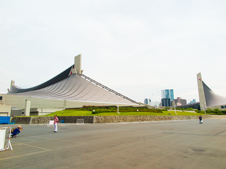 Yoyogi National Stadium Gymnasium No.1 viewed from the north, with Gymnasium No.2 to the right, Tokyo, Japan.