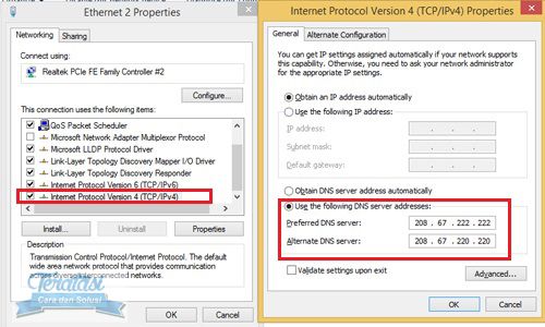 Menggunakan OpenDNS pada pengaturanInternet Protocol Version 4 (TCP/IPv4) Menggunakan OpenDNS pada pengaturanInternet Protocol Version 4 (TCP/IPv4) - cara mempercepat koneksi internet di windows 8