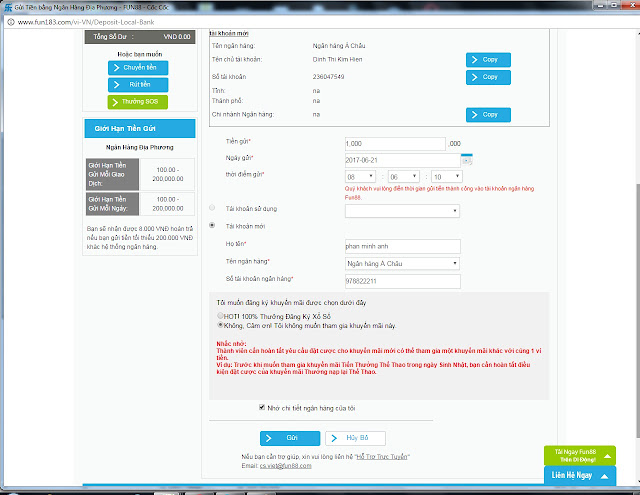 HƯỚNG DẪN GỞI TIỀN VÀO FUN88