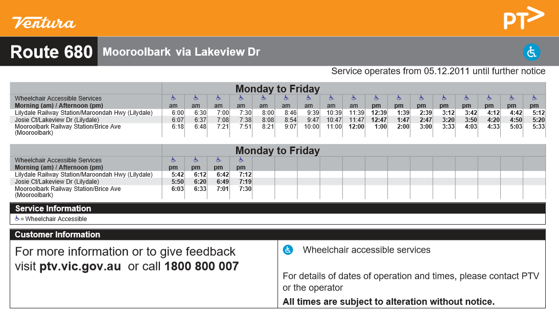 Melbourne on Transit Timetable Tuesday 64 680 Lilydale to Mooroolbark