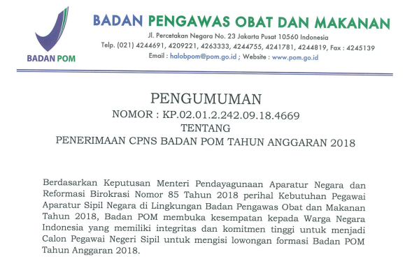 Pengumuman Formasi, Persyaratan Dan Tata Cara Registrasi Cpns Bpom