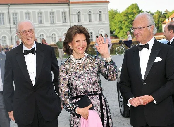 Prince Max of Bavaria, Duke Herzog in Bayern at Nymphenburg Palace. Queen Silvia wore Malane Birger, Valentino printed silk dress