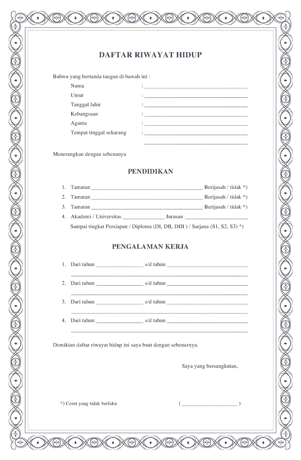 Daftar riwayat hidup cv kosong doc pdf word tulis tangan