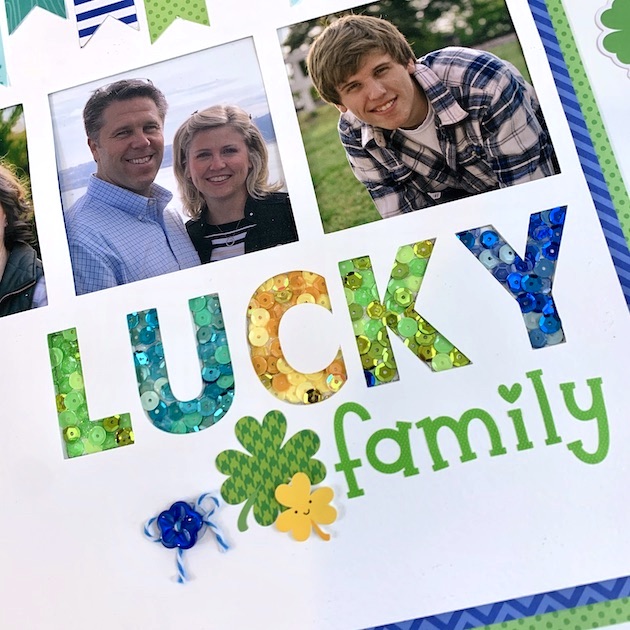 Lucky Family St Patrick's Day 12x12 Scrapbook Layout with sequins & shamrocks
