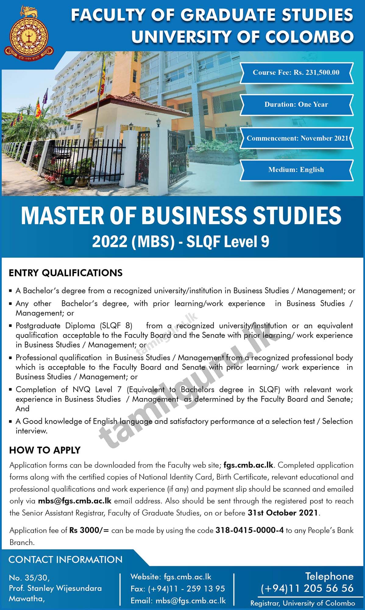 Master of Business Studies (MBS) 2022  - University of Colombo
