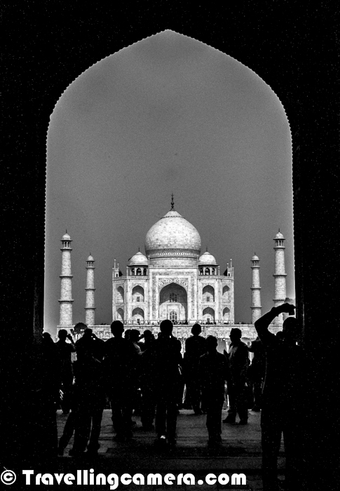 TAJ is wonderful example of Mughal Architecture and considered as one of the finest creation by Mughals. This Photo Journey shares some of the old photographs of Taj Mahal in different shades of Blacks & Whites.First photograph of this Photo Journey shows main entry through which we get to see Taj Mahal. This place gives a wonderful view of Taj and especially moment is very precious for folks coming first time to see Taj Mahal in reality. There is huge difference between the Taj we see in photographs and Videos. It's amazing to see it in realityWeather of Agra is not very good, but still it gets lot of tourists in every month. It's too hot during summers and foggy in winters. I never visited Agra in Monsoon, so no comments about that :) ... but of-course, monsoons are generally not good to visiting places like Agra. Agra is one of the popular weekend destination for people in Delhi and mostly people prefer to come during winters.After crossing the main gate, we enter into a huge compound with various gardens around main building of Taj Mahal. There is a water stream in the middle which flows towards entry gate. Reflection photographs of Taj Mahal in this water stream is one of the popular shots, which is tried by almost every visitor of Taj Mahal. In above photograph just notice the alignment of two towers around main dome.  Both of them are not straight and leaning outwards. This was something intentional. The marble dome that surmounts the tomb is the most spectacular feature. Its height of around 35 meters is about the same as the length of the base and is accentuated as it sits on a cylindrical 