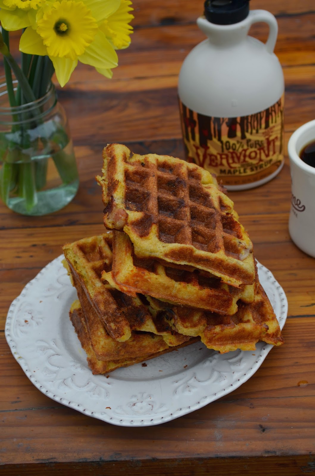 Bacon and Cheddar Cheese Waffles with Rosemary and Cornmeal