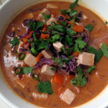 Red curry broth with tofu, vegetables, and somen noodles