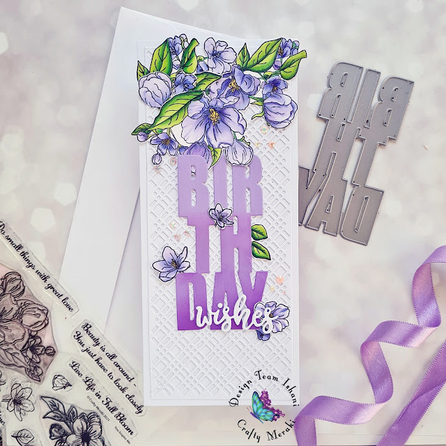 Slim line floral card, Birthday card, Crafty Plaid slimline die,crafty Meraki dies, Crafty Meraki floral stamps, Purple flowers card, Copic coloring, Quillish