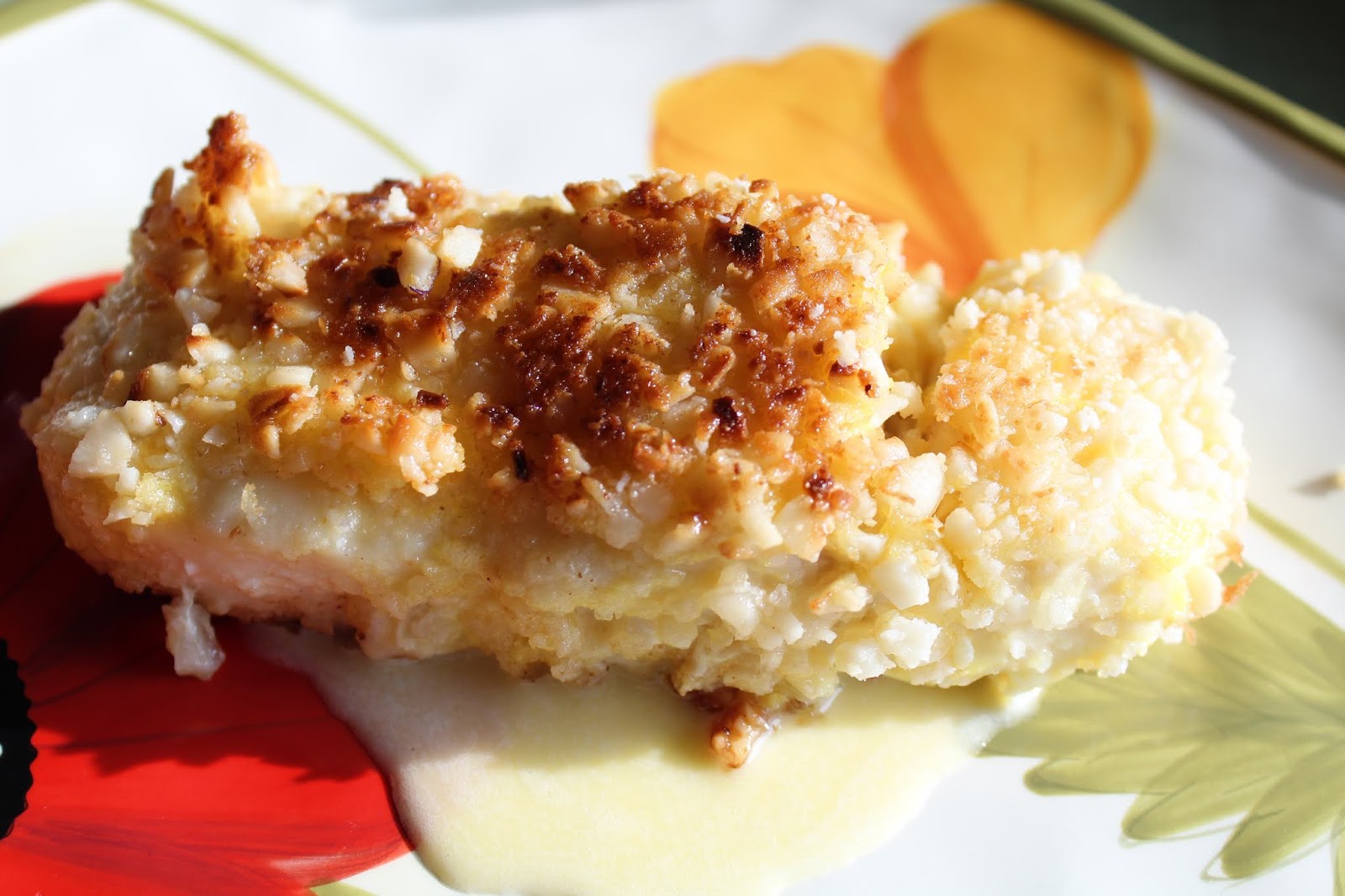 A Taste of Alaska Macadamia Nut Crusted Halibut with Garlic Cream Sauce