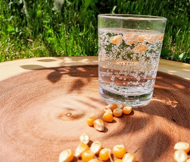 A glass of seltzer water is sitting on a tree stump.  Popcorn kernels are floating in the glass.