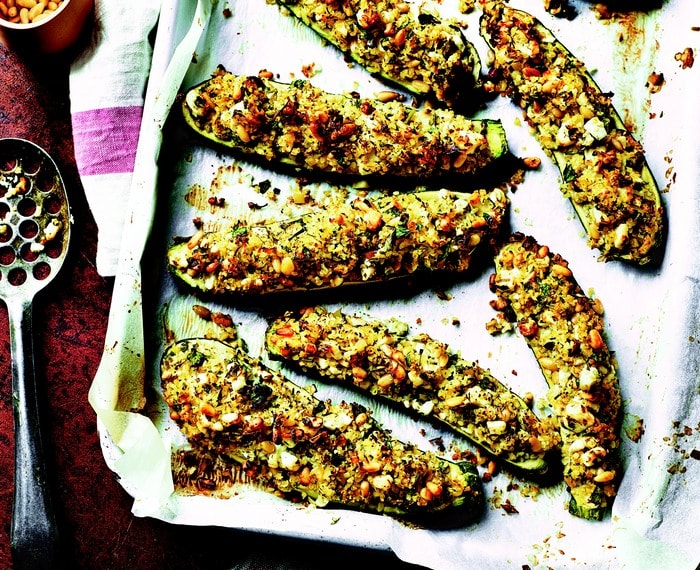 Stuffed Courgettes with Bulgur Wheat and Preserved Lemon on baking tray