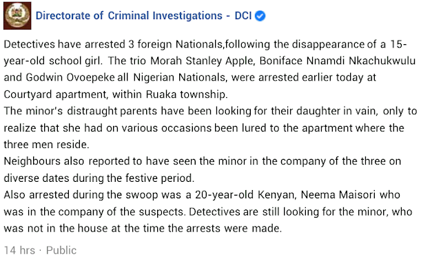 Three Nigerians Arrested in Kenya after a 15yr old girl was found missing