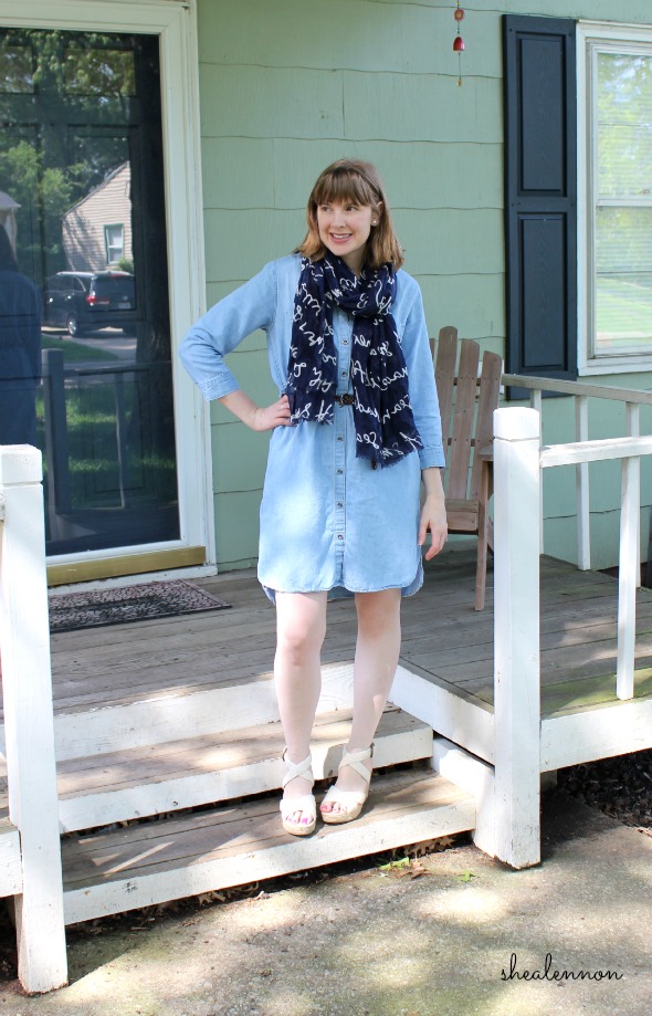 Chambray dress for work with scarf and wedges | www.shealennon.com