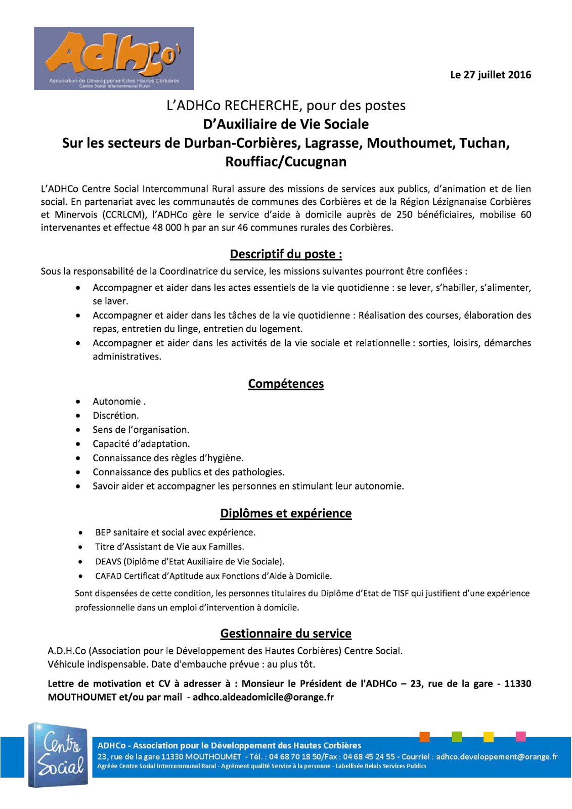 Offre d emploi auxiliaire de vie sociale