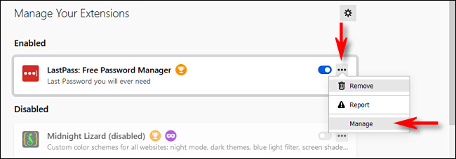 في Firefox Add-ons Manager ، انقر فوق زر الحذف وحدد "Manage".