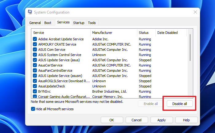 Services de désactivation de la configuration du système