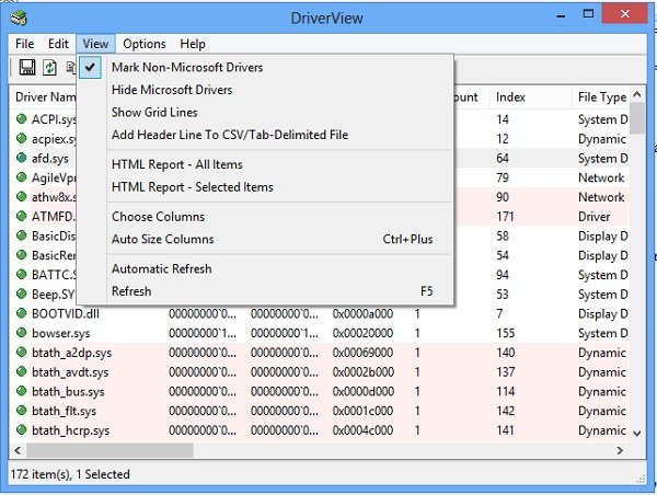 opzioni di visualizzazione del driver