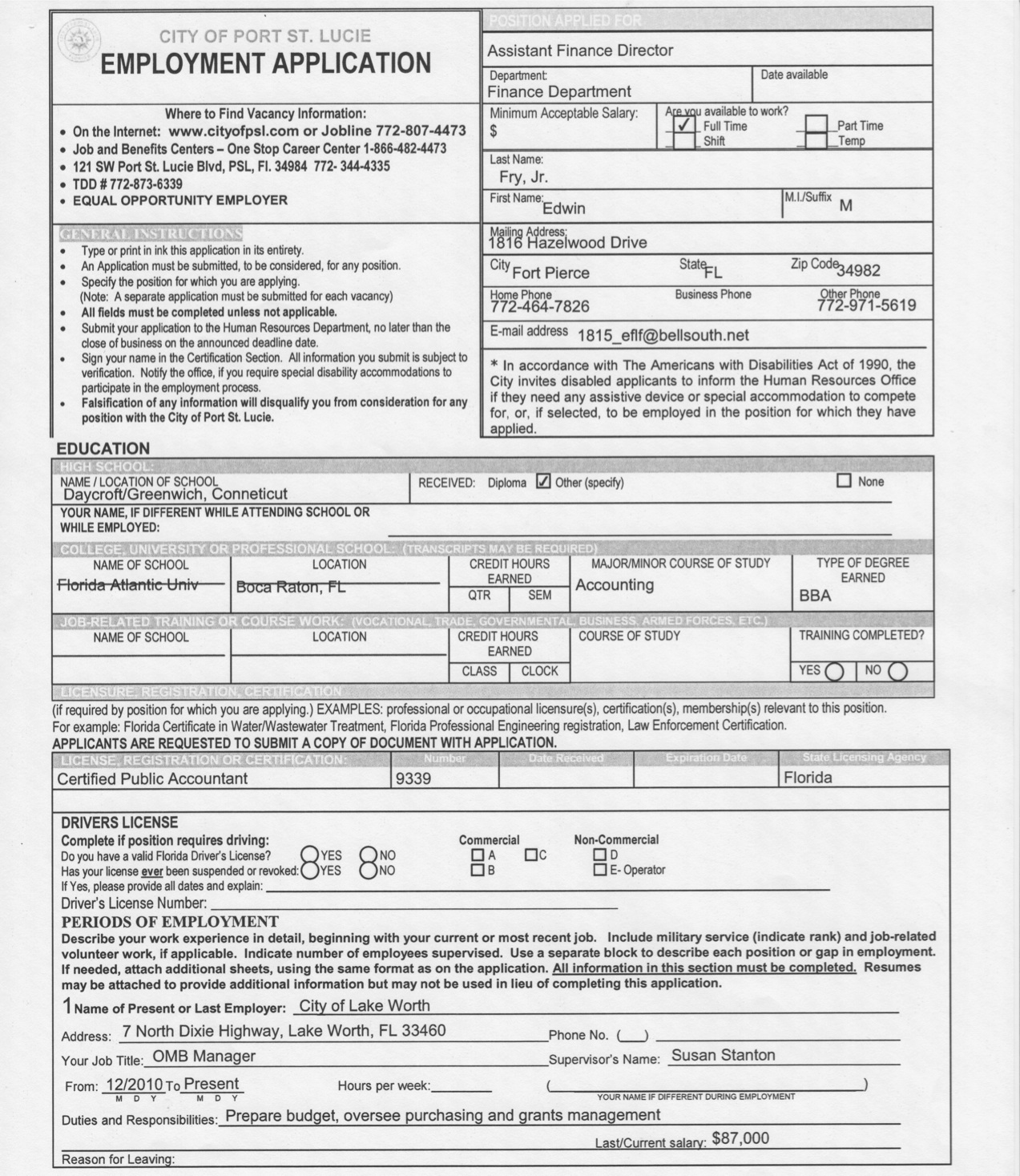 State Florida Employment Application