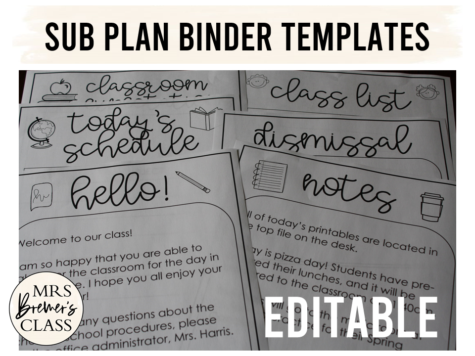 Editable Sub Binder Templates Mrs. Bremer's Class