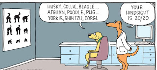 A little bit of dog humor. A cartoon of 2 dogs looking at a chart on the wall.
