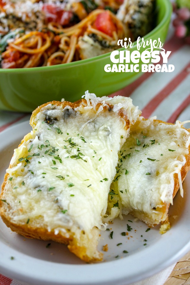 Air Fryer Garlic Cheese Bread is such an easy side dish to make in just minutes! Crunchy, cheesy and full of garlic - it goes great with any pasta dish! I love that I can make it as cheesy as I want!!