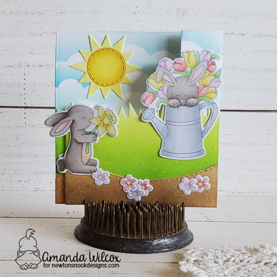 Hoppy Easter Wiper Surprise Card by Amanda Wilcox | Hop Into Spring Stamp Set, Land Borders Die Set, Clouds Stencil and Sky Scene Builder Die Set by Newton's Nook Designs #newtonsnook #handmade