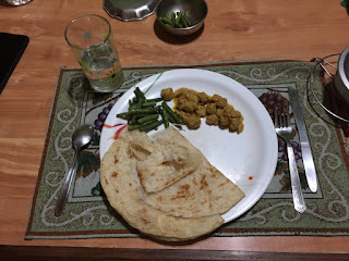 Dinner - Paratha (Indian flat bread), soya chunks, and green beans 