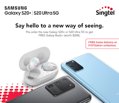Source: Singtel eDM. Singtel is offering free Galaxy Buds+ with preorders of the Galaxy S20 and S20 Ultra 5G. Exclusives from Singtel include free months for Spotify Premium, Viu Premium and discounts on its Mobile Swop service.
