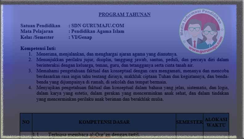 Download Prota PAI Kelas 6 Semester 2 SD K13 Revisi 2021
