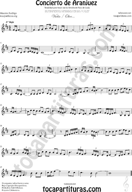 8ª baja  Violín Partitura del Concierto de Aranjuez Sheet Music for Violin Music Scores (2 versiones)