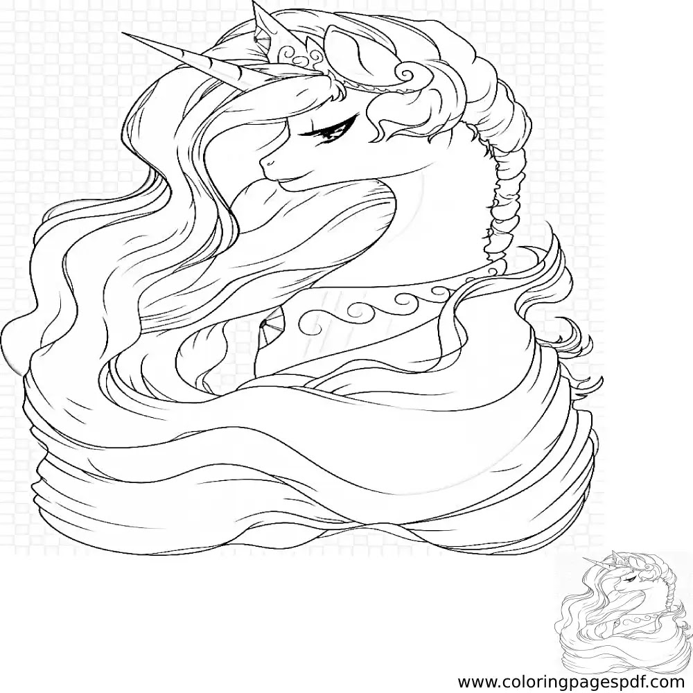 Coloring Page Of A Very Pretty Unicorn With Long Hair