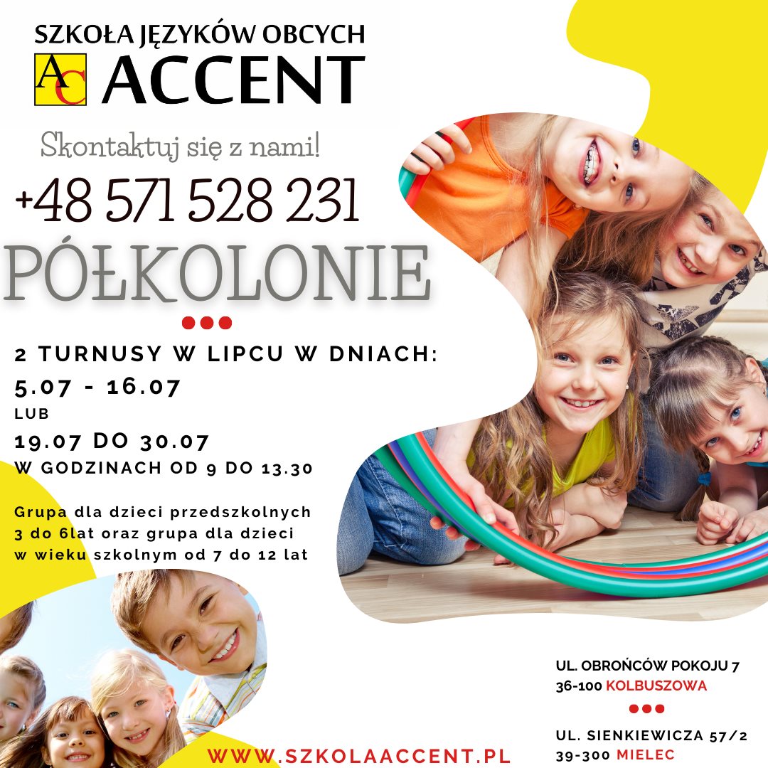 Wakacyjne półkolonie ze szkołą językową Accent - plakat. 