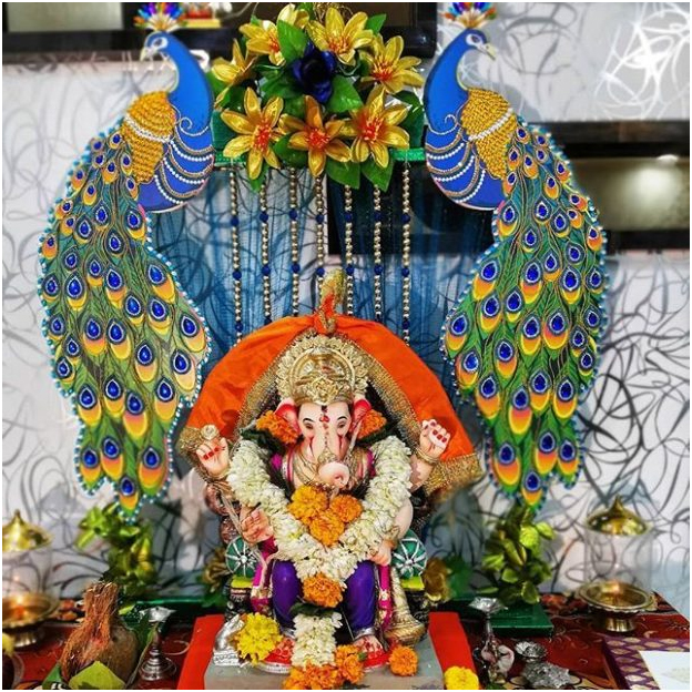 Buy Special You Ganesh Chaturthi Decoration Items for background, Yellow  net Curtain Cloth Backdrop Combo with Artificial Marigold Flowers and Green  Leaves Items pack of 12 Items Online at Best Prices in