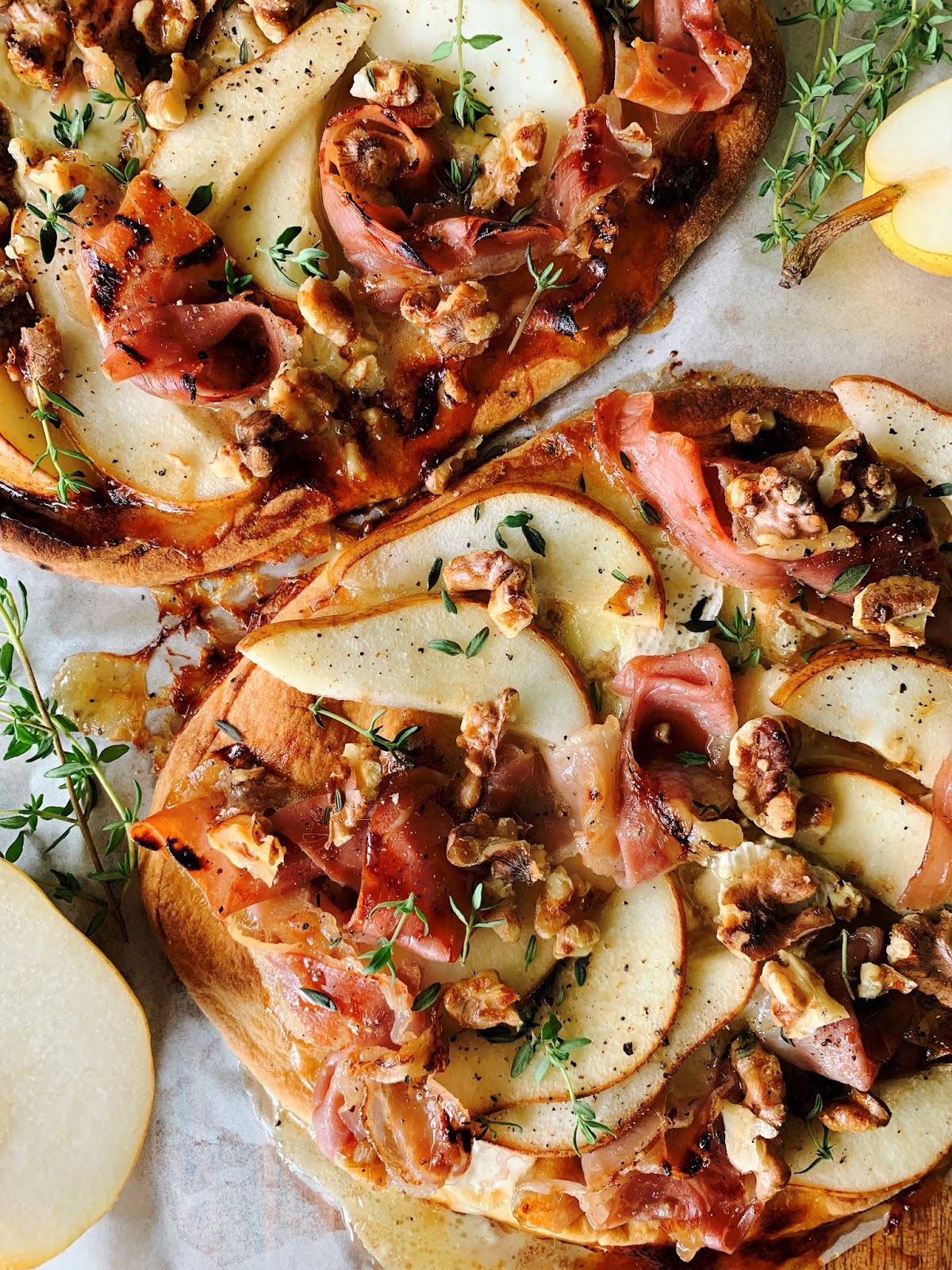 sweetsugarbean Summer Perfection Pear & Prosciutto Flatbreads with Brie