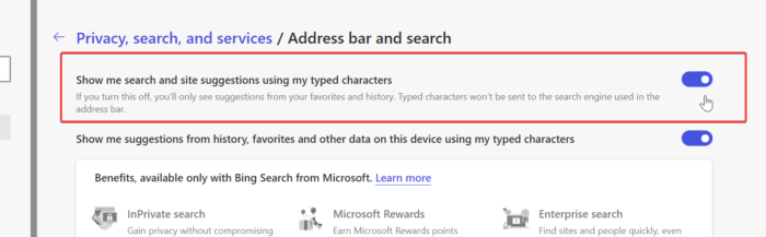 Microsoft Edge 토글에서 주소 제안 비활성화 또는 활성화
