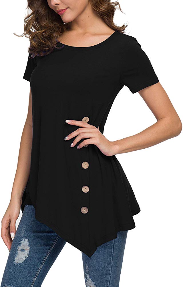 Women's Short Sleeve Scoop Neck Button Side Tunic Tops Blouse