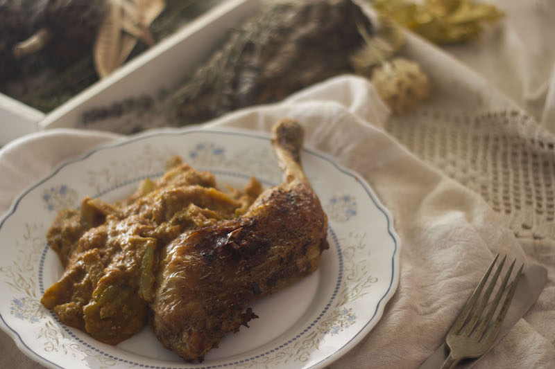 Pollo asado con tagarninas esparragadas