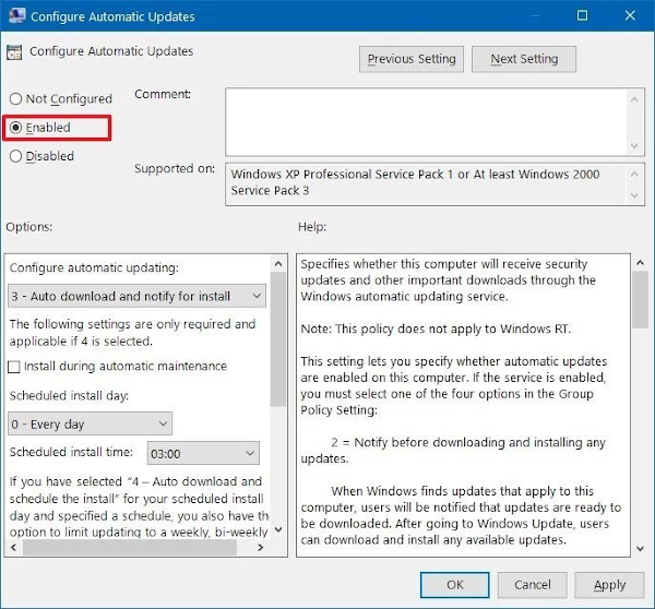 enable configure automatic updates policy Cara Menonaktifkan Windows 10 Auto Update Mudah