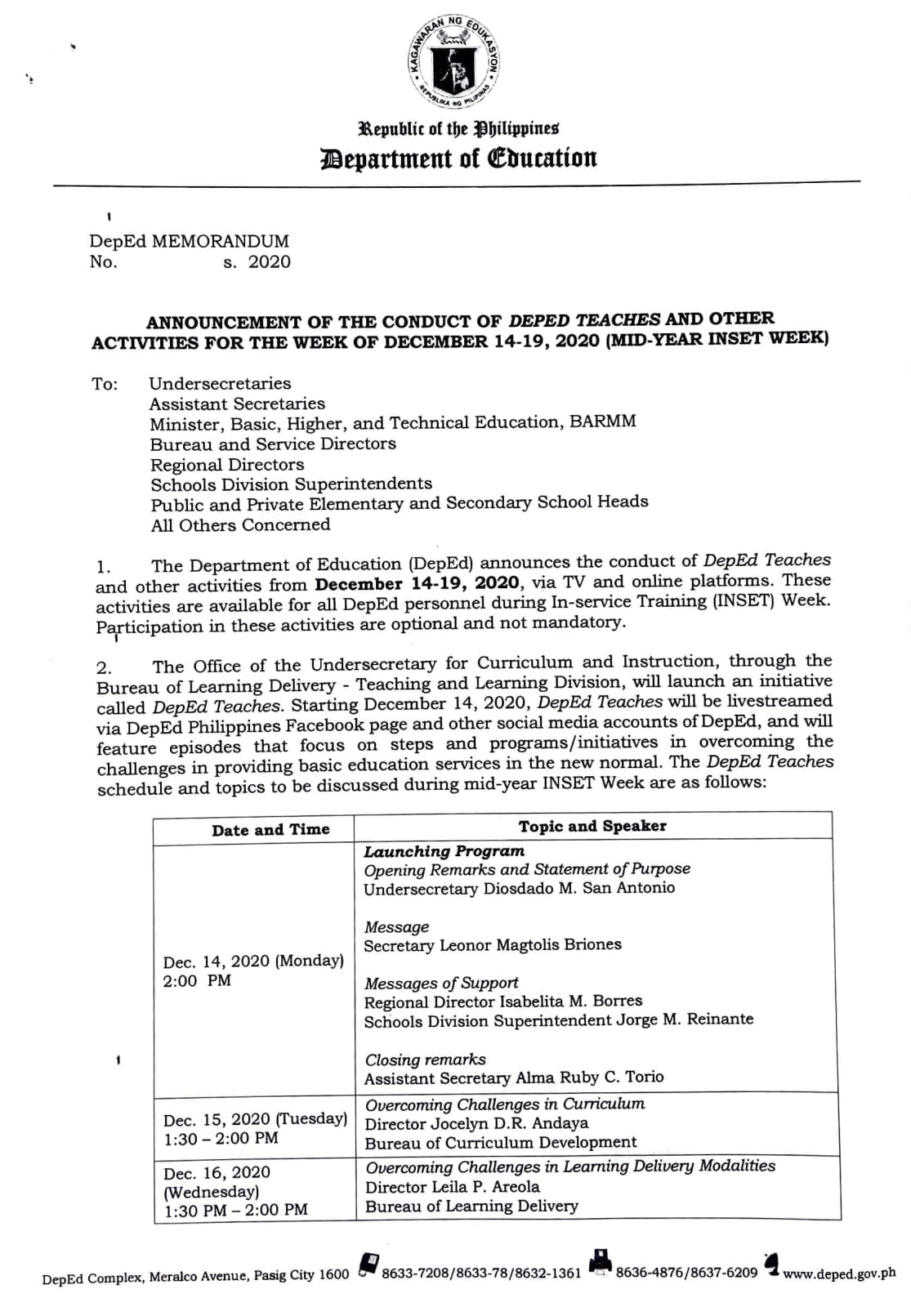 DepEd announces the conduct of DepEd Teaches and other activities from