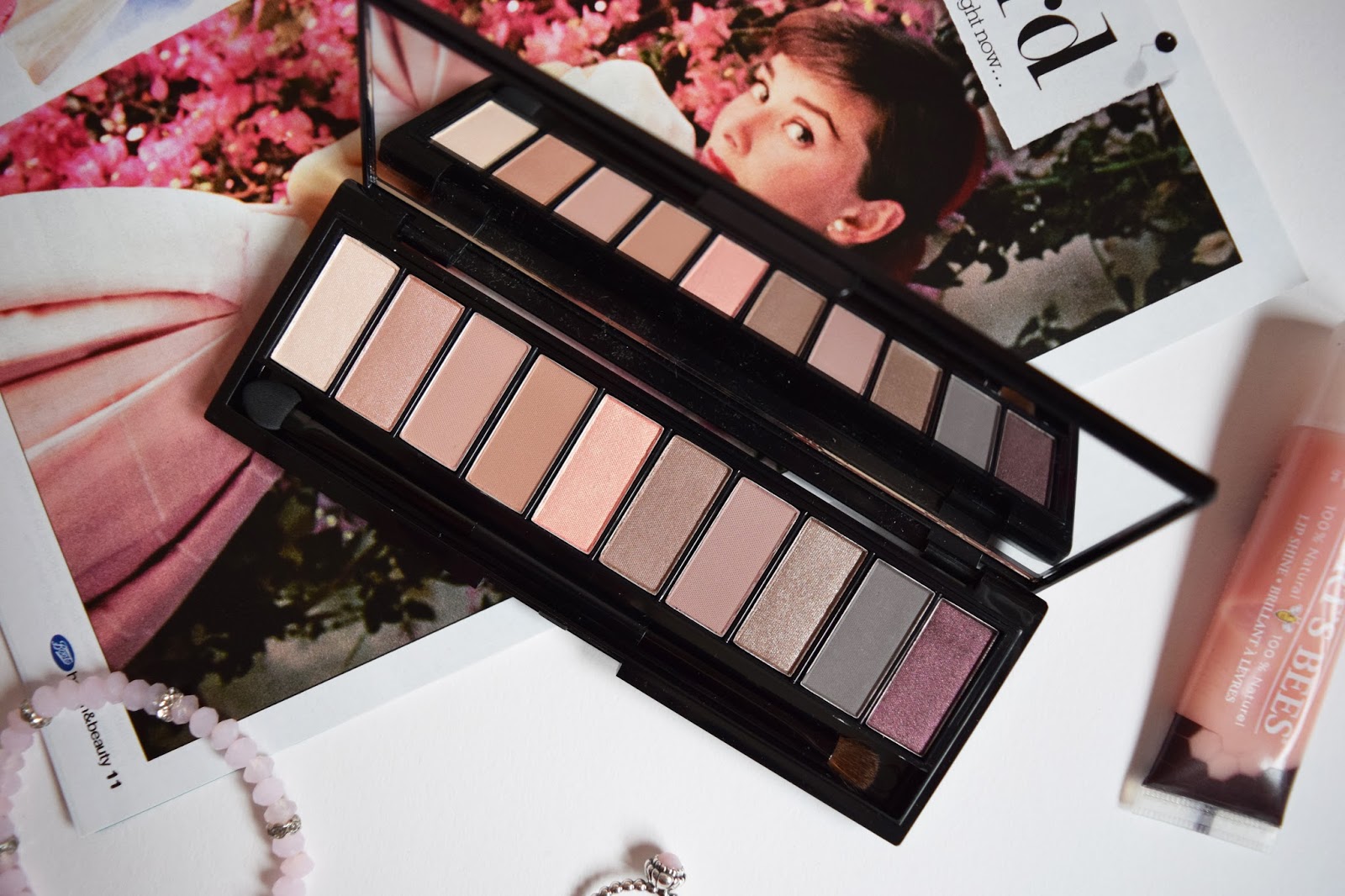 the nude rose palette lying open showing the range of pinks and purple shades inside